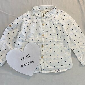Zara White and Blue Button Down Shirt with Polka Dots